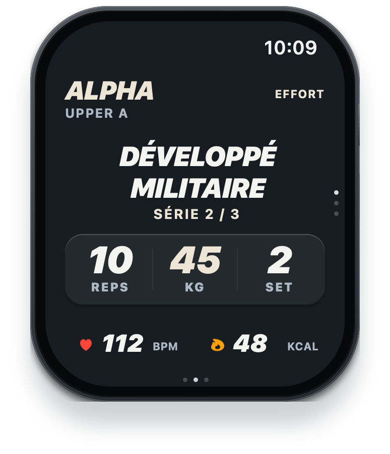 Watch ALPHA : deuxième série, 45 kg et 10 répétitions