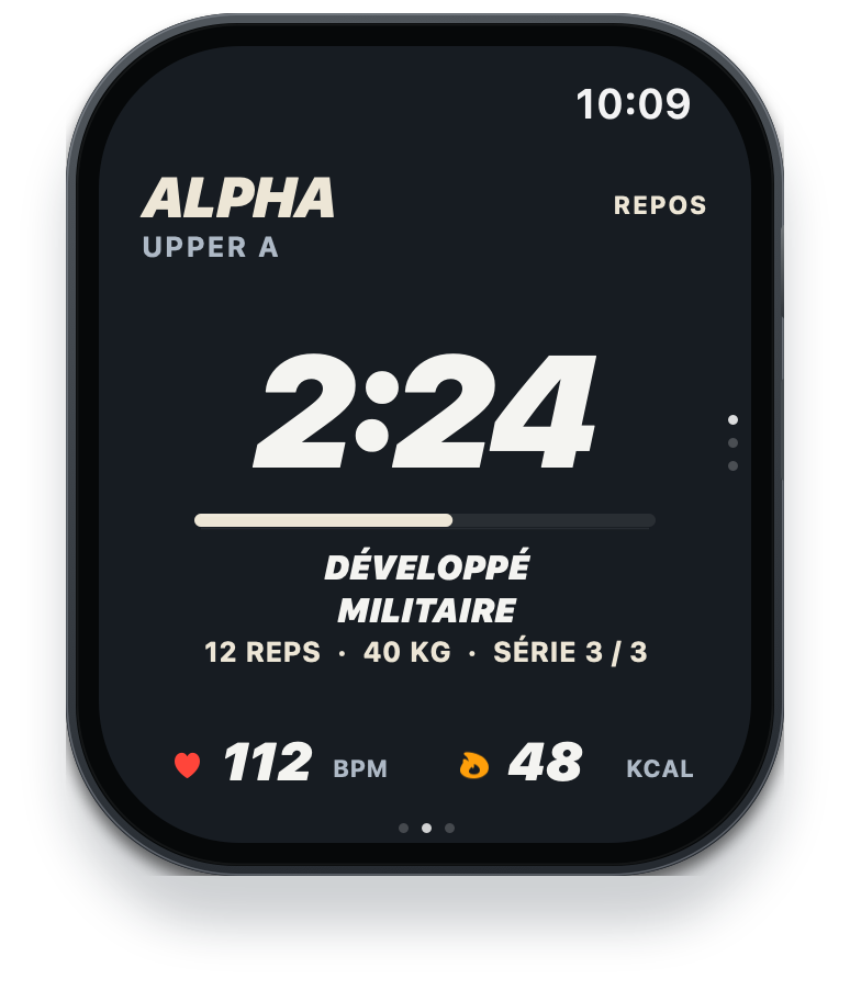 Watch ALPHA : 2:24 de repos, prochaine série à 40 kg et 12 répétitions