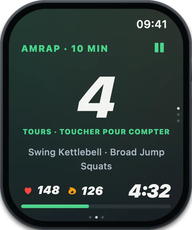 Apple Watch CIRCUIT AMRAP : 4 tours et 4 minutes 32 restantes