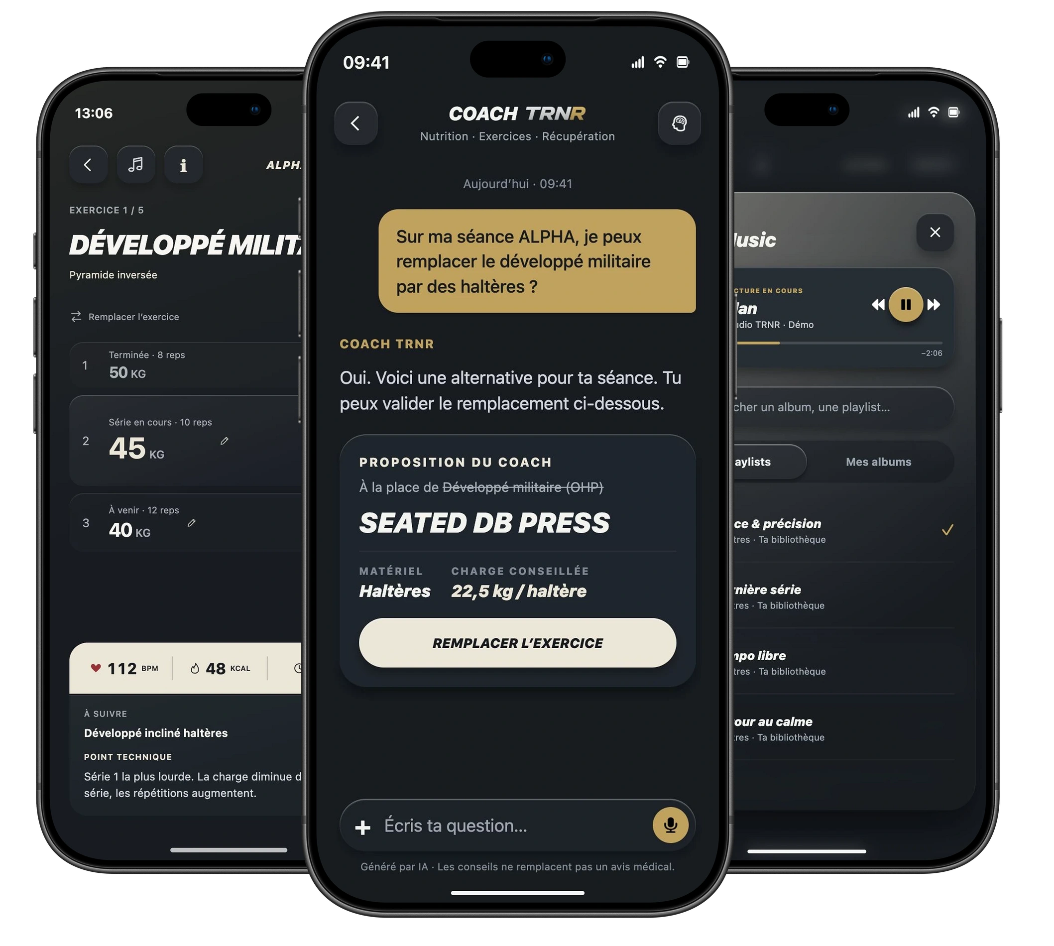 ALPHA : la séance, la conversation du Coach au centre et la musique, présentées ensemble dans trois iPhone
