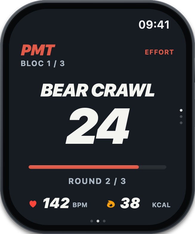 Apple Watch PMT : Bear Crawl, 24 secondes, round 2 sur 3