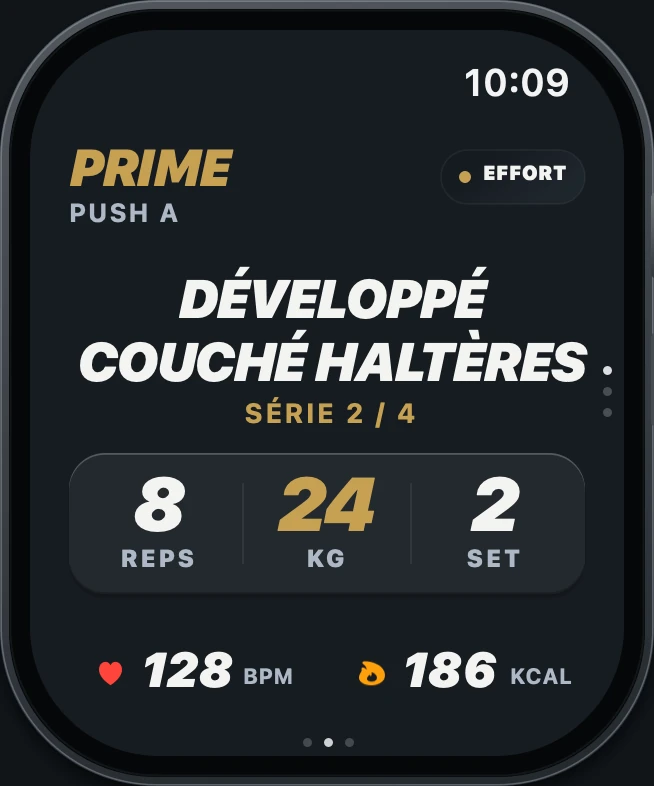 Apple Watch PRIME : exercice, série, répétitions, charge et fréquence cardiaque