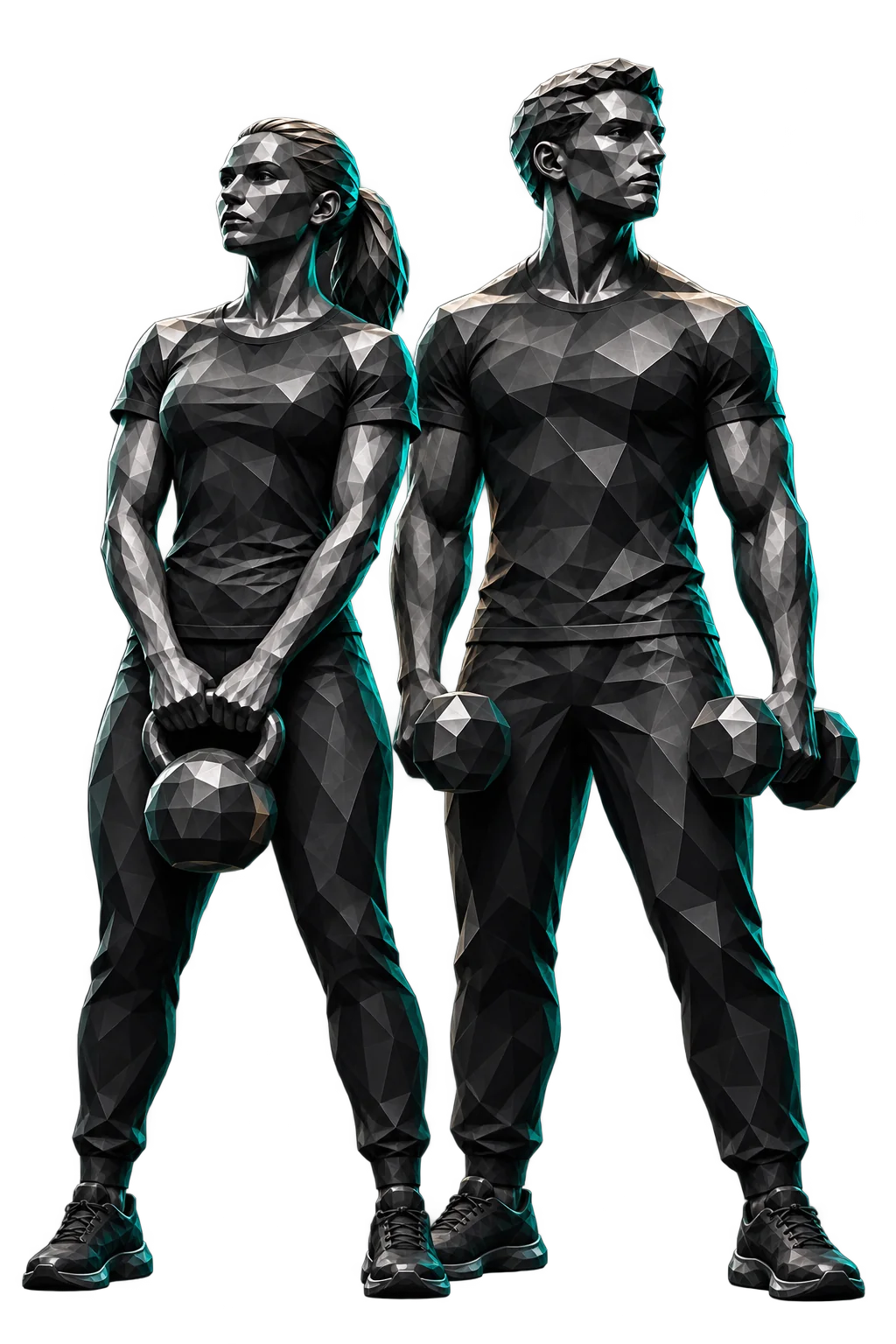 Duo d’athlètes à facettes vertes avec kettlebell et haltères
