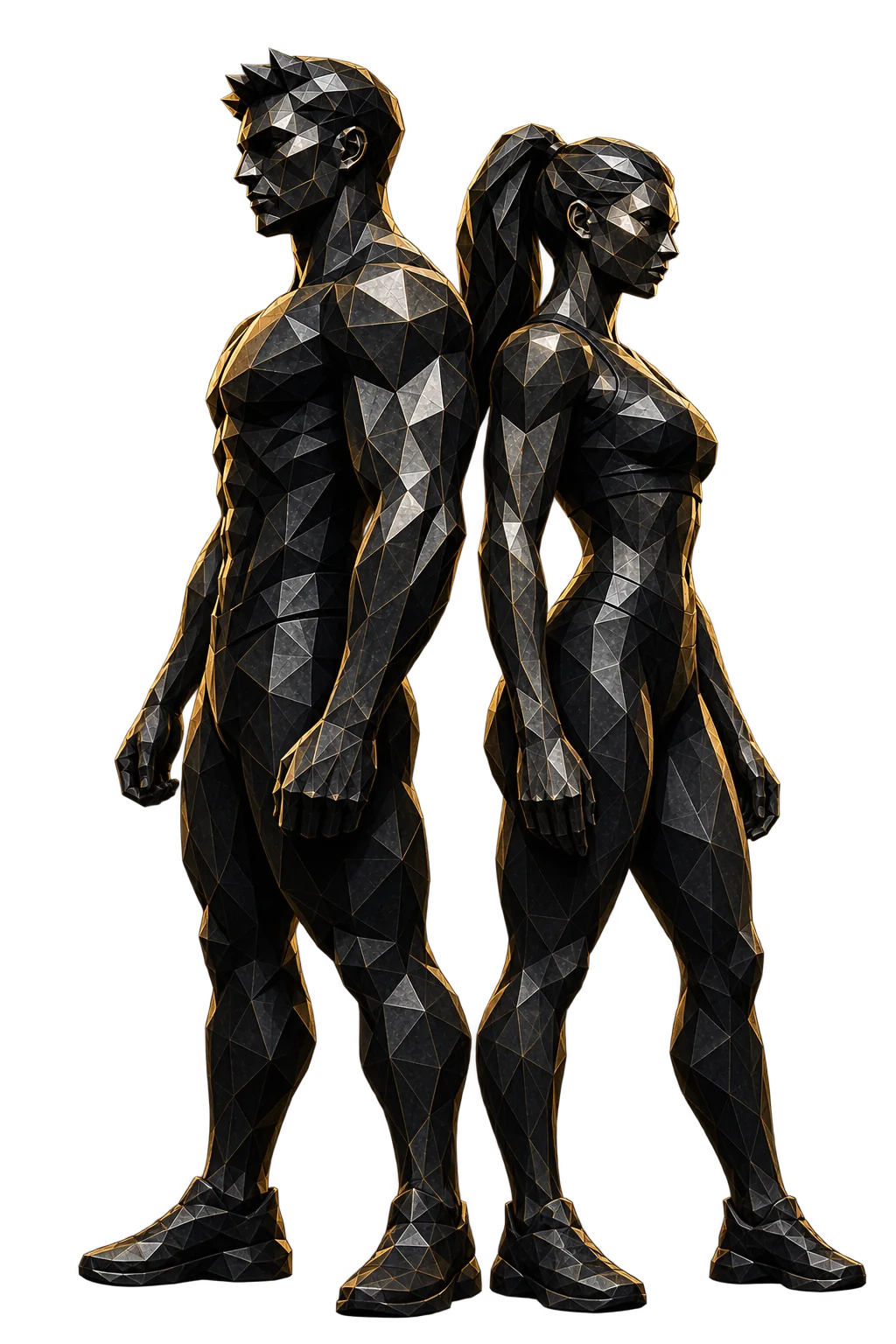 Duo d’athlètes à facettes noires, argentées et dorées, debout dos à dos