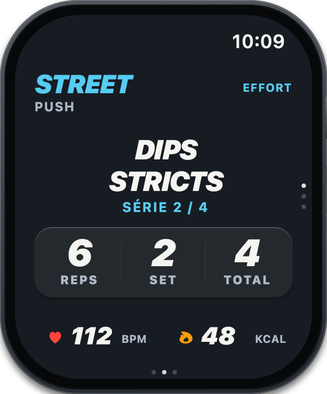 Apple Watch STREET : dips stricts, 6 répétitions, série 2 sur 4