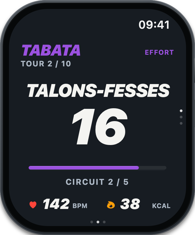 Apple Watch TABATA, Talons-Fesses, 16 secondes restantes
